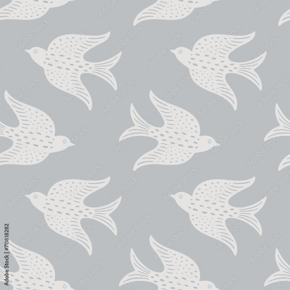 Naklejka premium Hand drawn doodle decorative birds seamless texture, stylized folk birds silhouette seamless pattern