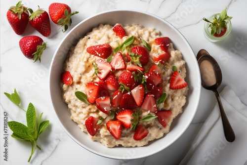 Healthy oatmeal porridge with strawberry and banana for diet breakfast on white table