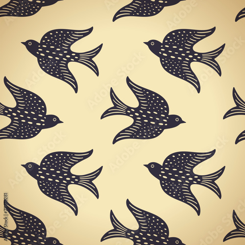 Hand drawn doodle decorative birds seamless texture, stylized folk birds silhouette seamless pattern