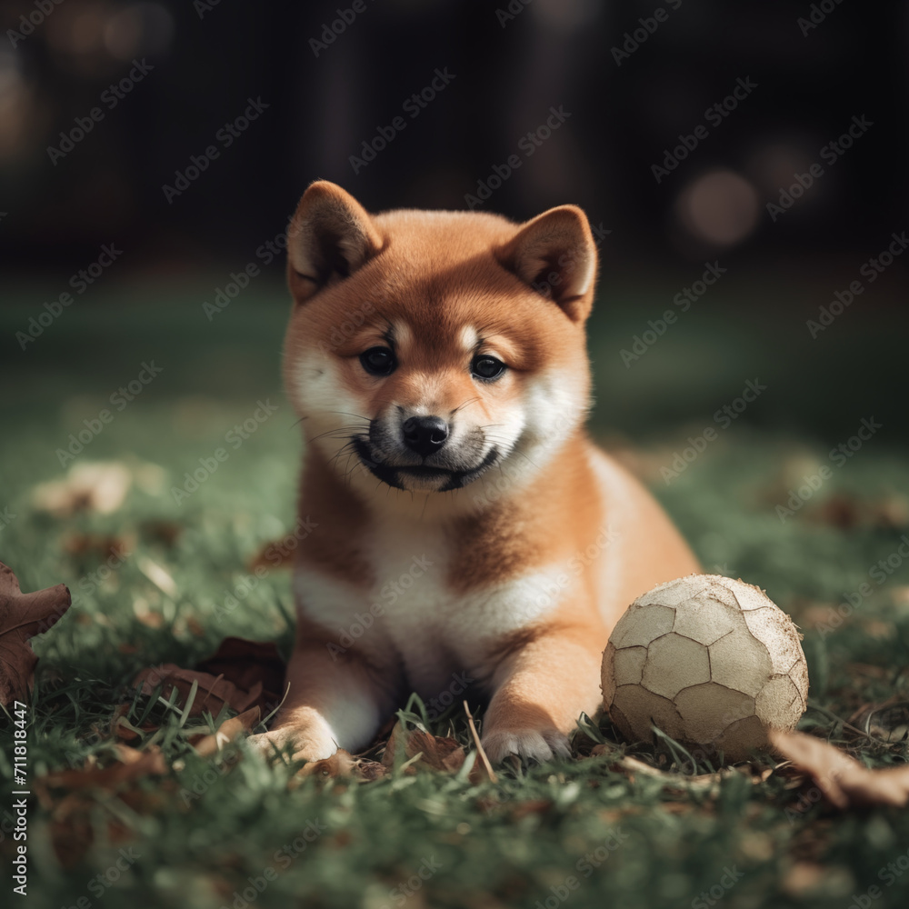 Shiba Inu puppy lying on grass with small soccer ball Shiba Inu puppy lying on grass with small soccer ball
