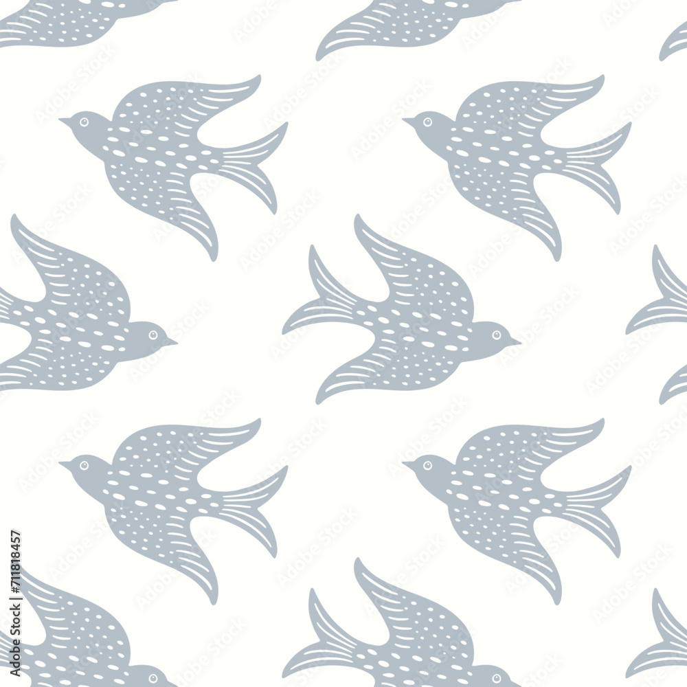 Naklejka premium Hand drawn doodle decorative birds seamless texture, stylized folk birds silhouette seamless pattern
