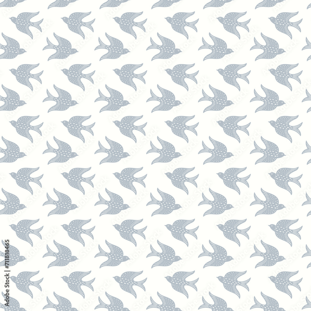 Hand drawn doodle decorative birds seamless texture, stylized folk birds silhouette seamless pattern