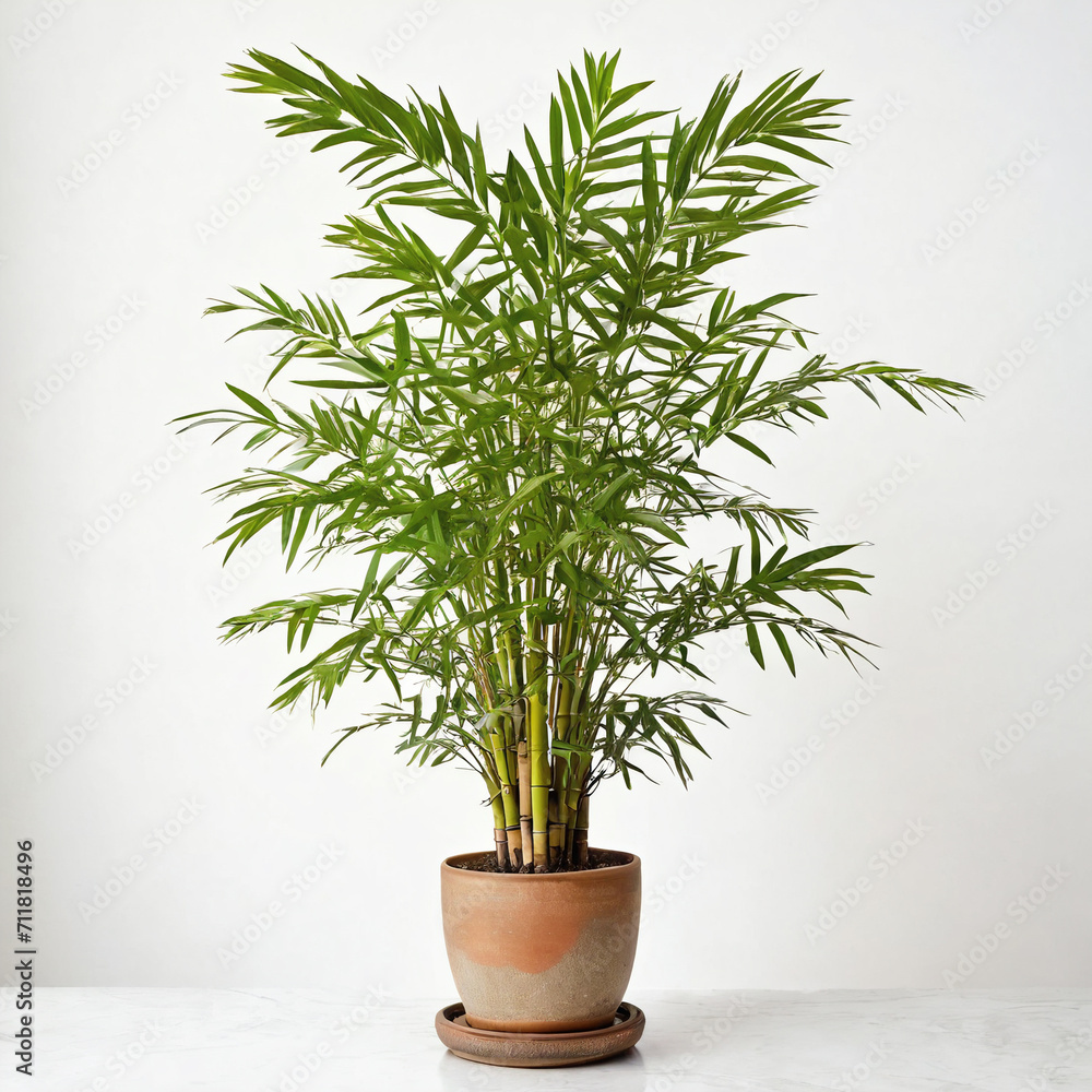 Fototapeta premium Illustration of potted Chamaedorea seifrizii plant white flower pot bamboo palm isolated white background indoor plants