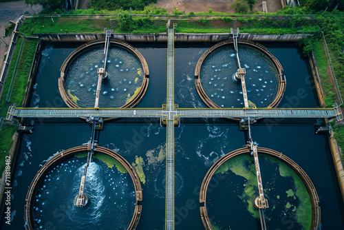 Aerial view to sewage treatment plant. Grey water recycling. Waste management.