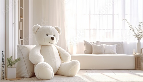 Elegant big teddy bear in white a sophisticated children\'s toy for big girls showcased in a sunlit room emphasizing its size and timeless appeal in high definition