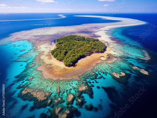 Vibrant aerial shot capturing a colorful coral atoll with a mesmerizing 52 style formation.