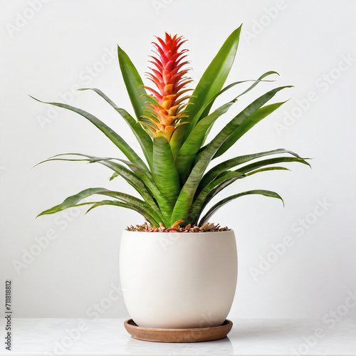 Illustration of potted Vriesea plant white flower pot bromeliad vriesea vogue isolated white background indoor plants photo