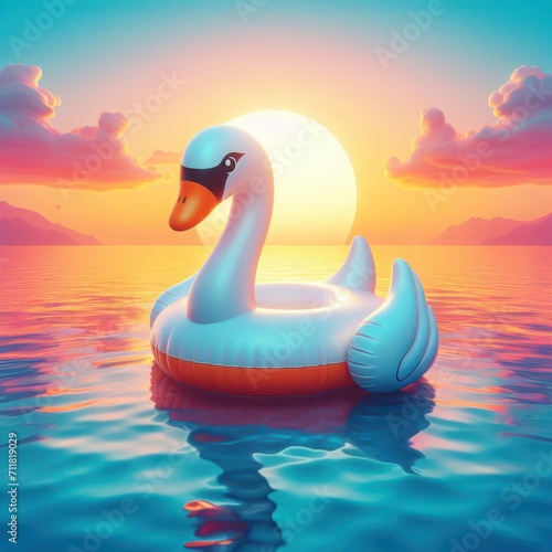 Inflatable swan in the sea on the background of the sunset. © Andbiz