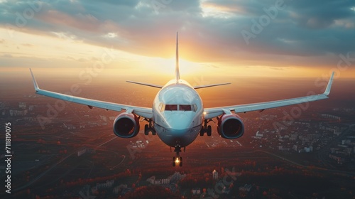 Front view of a passenger airplane in the evening skies