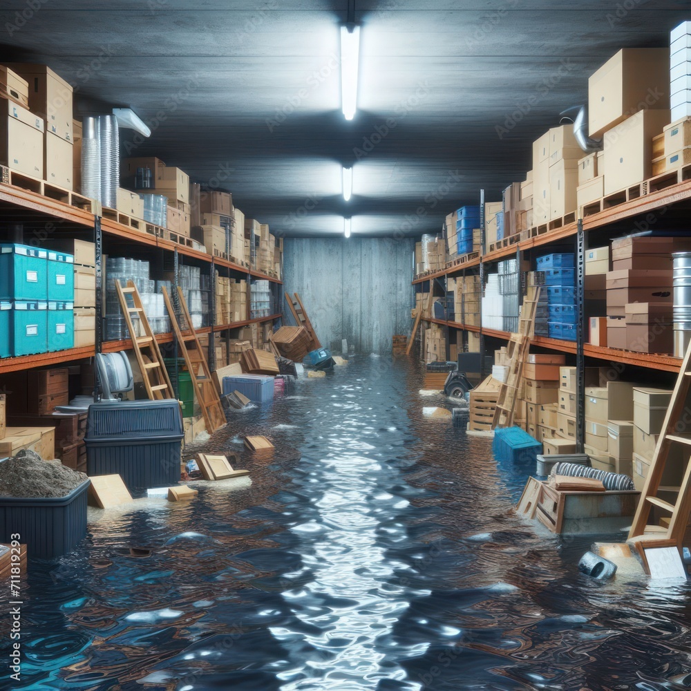 The basement for storing various things is flooded with water. - obrazy, fototapety, plakaty 