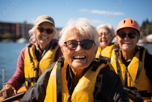 A cheerful group of women donning yellow life jackets and sporting sunglasses and goggles stand confidently on a boat in the middle of a serene lake, ready for a day of outdoor recreation