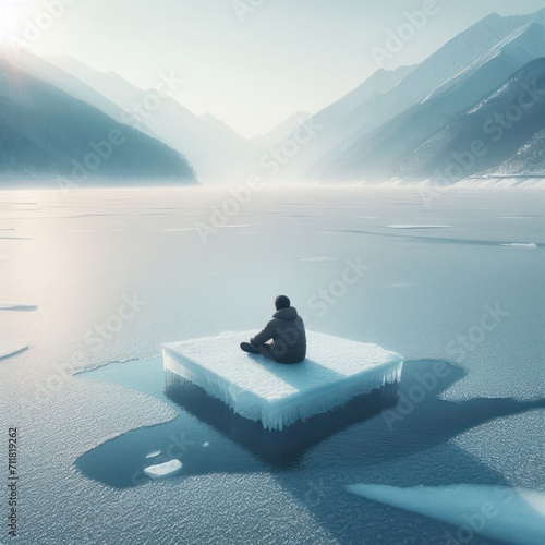 A lonely man sits on an ice floe against the backdrop of a beautiful landscape. photo