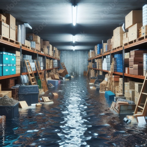 The basement for storing various things is flooded with water. photo