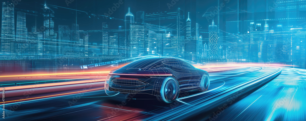 Obraz premium Self-driving car navigating through a cityscape with precision