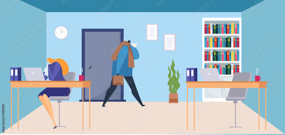 Woman working on laptop at desk, man walking with coffee in office. Office routine and business environment vector illustration. Woman working on laptop at desk, man walking with coffee in office. Office routine and business environment vector illustration.