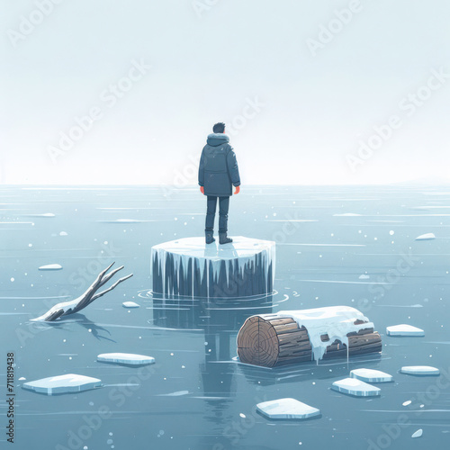 A lonely man stands on a frozen piece surrounded by cold water. photo