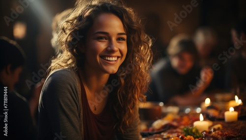 A joyful woman celebrates her special day surrounded by delicious food, adorned in festive clothing, beaming with a radiant smile as she blows out the candles on her birthday cake