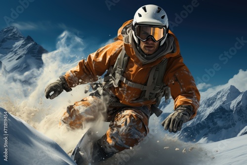 A daring man glides down a frosty slope, his helmet and goggles shielding him from the snowy terrain as he braves the exhilarating sport of snowboarding on a majestic mountain