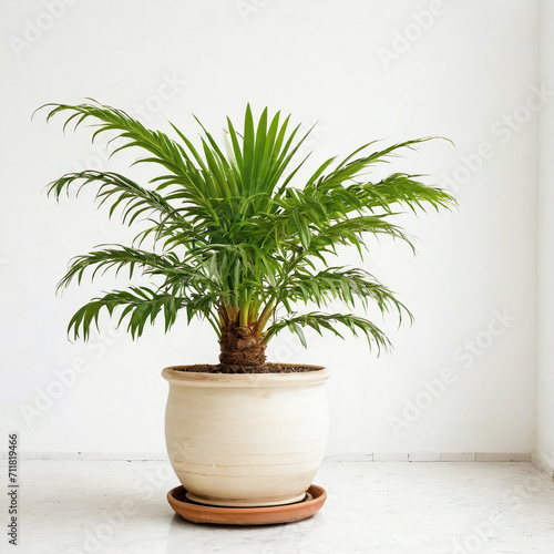 Illustration of potted cat palm plant white flower pot Chamaedorea cataractarum isolated white background indoor plants