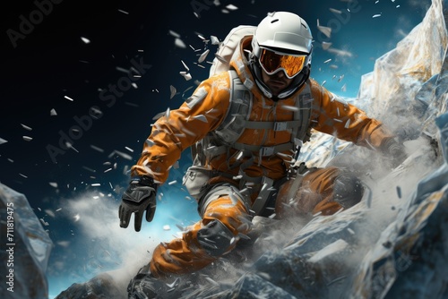 A determined astronaut, clad in an orange pressure suit and helmet, fearlessly conquers the treacherous mountain, symbolizing the resilience and bravery of the human spirit