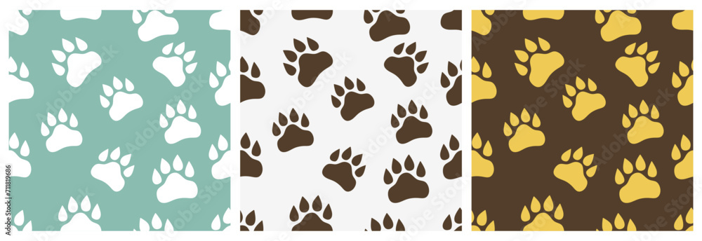 Lion footprint seamless pattern. Lion tracks repeat design for wallpaper, fabric, baby clothes, blankets, backgrounds, wrapping paper. Set of cute animal paw prints. Flat vector illustration