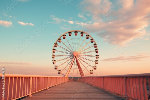 As the sun sets on the wooden boardwalk, the vibrant colors of the sky reflect on the towering ferris wheel, a symbol of the lively tourist attraction and excitement that awaits at the amusement park