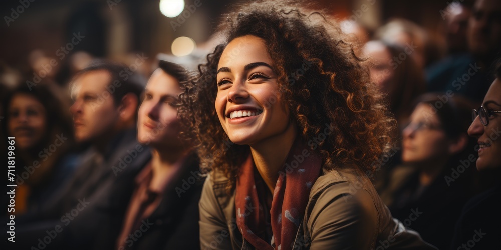 A vibrant woman with curly hair stands out in a crowded indoor space, her beaming smile captivating the attention of those around her