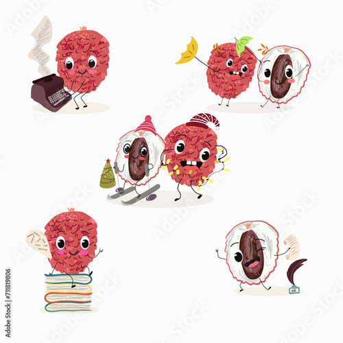 Cute cartoon lychee character set, collection. Flat vector illustration. Activities, playing musical instruments, sports, funny fruits.
