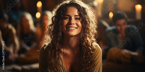 A vibrant and confident woman with curly hair radiates joy and warmth as she poses outdoors, showcasing her unique style through her clothing and dark, captivating features