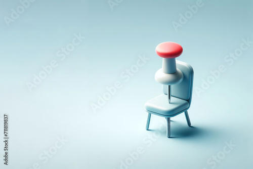 A large consignor button stuck into a chair. 3D image. Space for text. photo