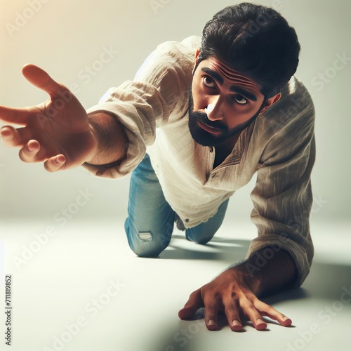 A man with an outstretched hand crawls on his knees. photo