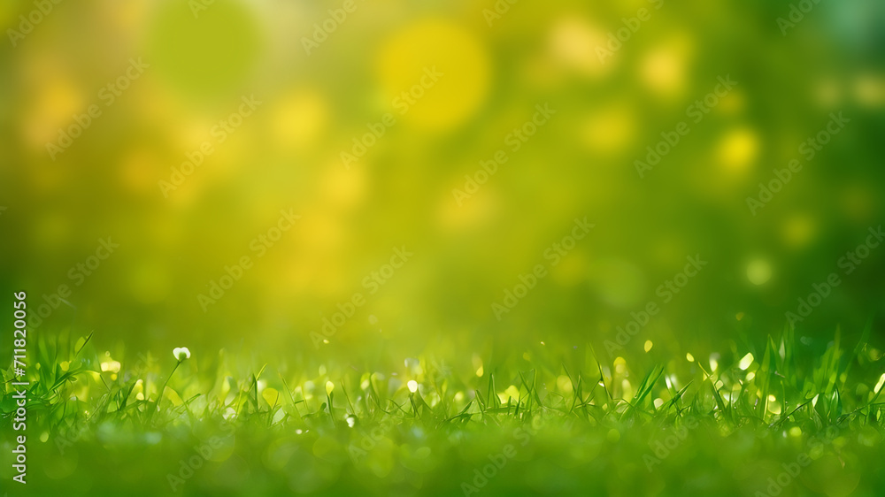 Lush green grass with blurred bokeh background. Summer and spring concept with copy space. .