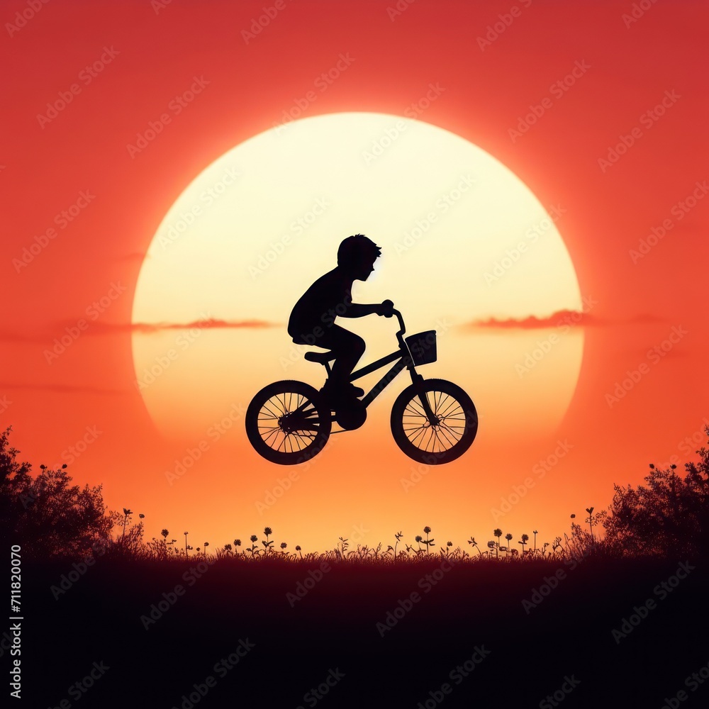 A little boy on a bicycle against the backdrop of the sunset.