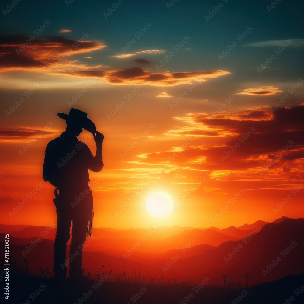 Silhouette of a cowboy standing against the background of a sunset.
