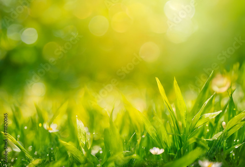 Lush green grass with blurred bokeh background. Summer and spring concept. .