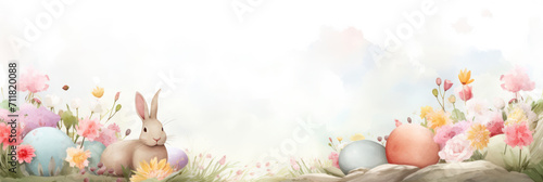Easter banner with Easter bunny and eggs in watercolor style.