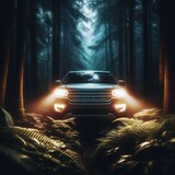 A car with its headlights on is standing in a dark forest.