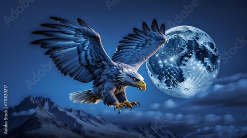 A picture of a dangerous eagle flying by the moon.