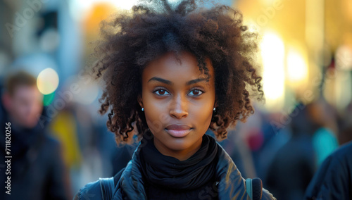 beautiful african american woman walking in the city Ai generative photo