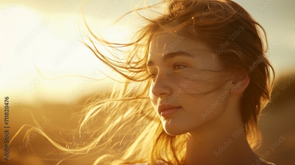 Beautiful teenage girl on the beach, the sunlight kissing her wind-swept hair. She gazes towards the horizon, creating a dreamy. Portrait of beautiful young woman with windy hair at sunset. Beautiful teenage girl on the beach, the sunlight kissing her wind-swept hair. She gazes towards the horizon, creating a dreamy. Portrait of beautiful young woman with windy hair at sunset.