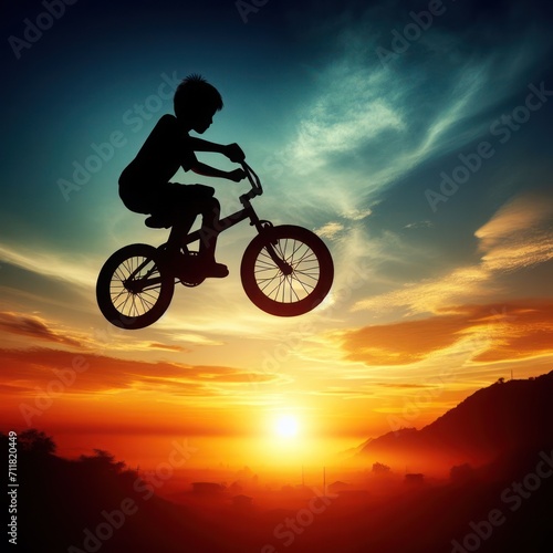 A little boy on a bicycle against the backdrop of a beautiful sunset.