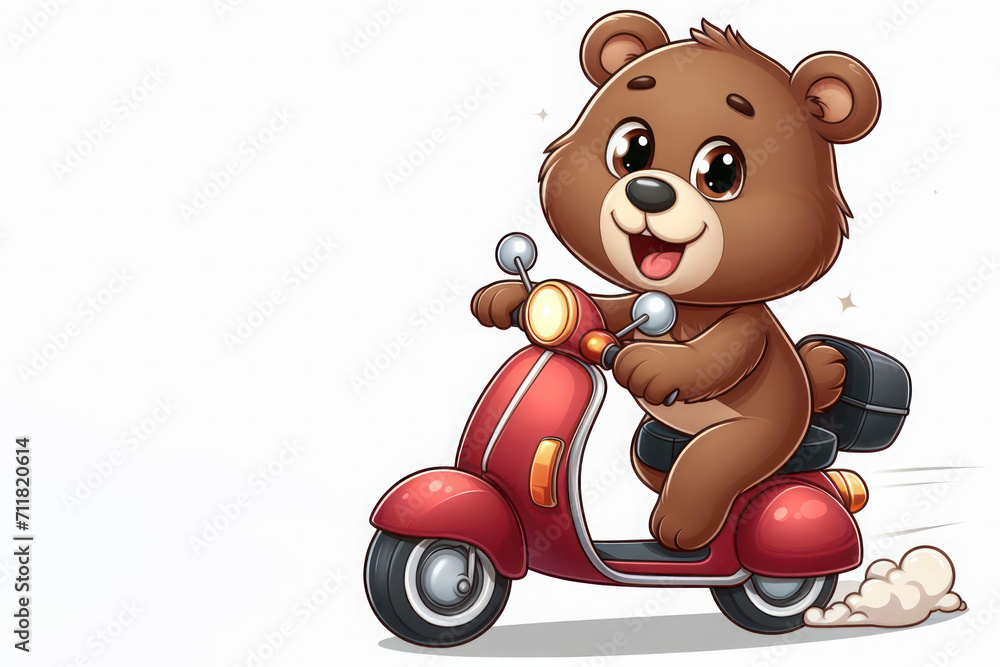 A small bear rides a scooter. Space for text. A small bear rides a scooter. Space for text.