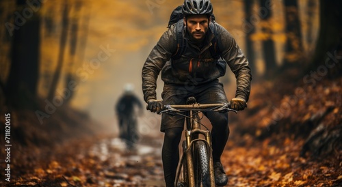 A daring cyclist navigates the rugged terrain on his mountain bike, braving the elements with his trusty helmet and agile wheels © familymedia