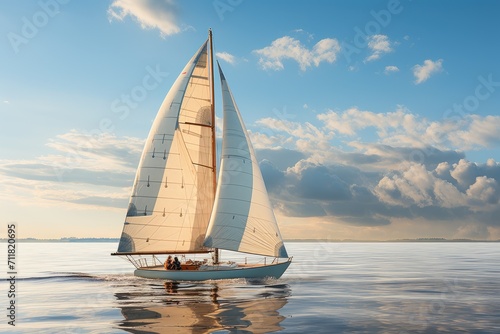 Amidst the vast ocean, a majestic sailboat glides gracefully through the water, its billowing sails capturing the wind as the sky above is filled with fluffy clouds