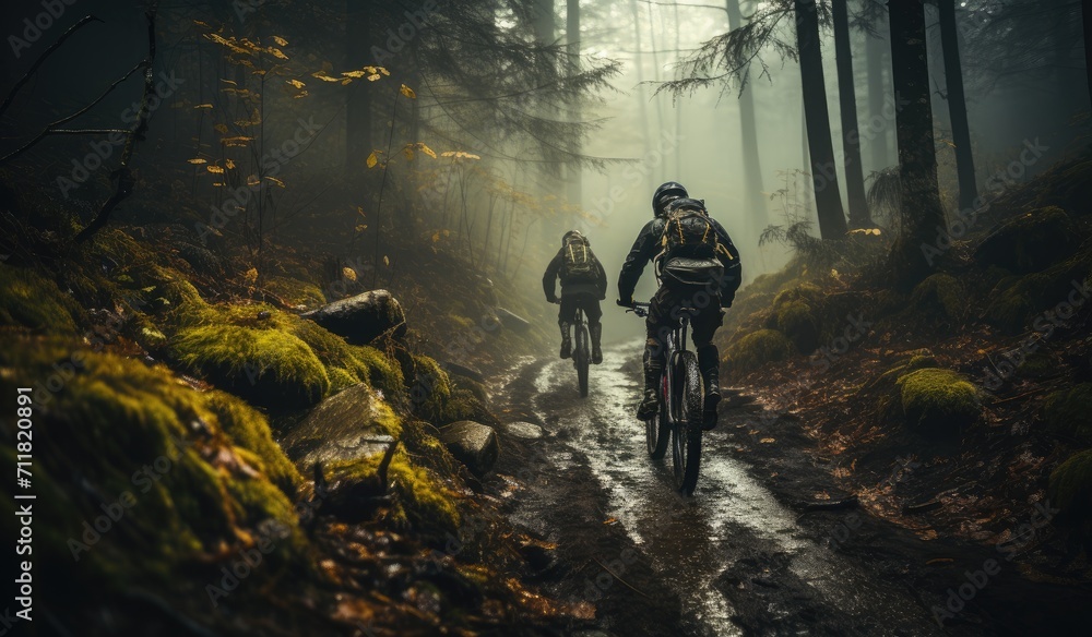 Amidst the thick fog of the forest, a group of adventurous souls pedal their bikes through the enchanting trail, their wheels spinning in perfect harmony with nature's rhythm