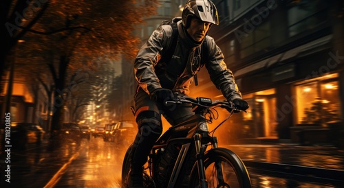 A determined cyclist braves the rainy night, helmet on and wheels spinning, as he rides his trusty bicycle through the slick streets