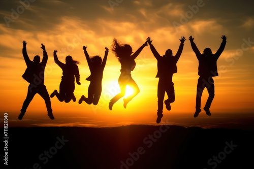Jumping happy people against the backdrop of sunset. AI generative.