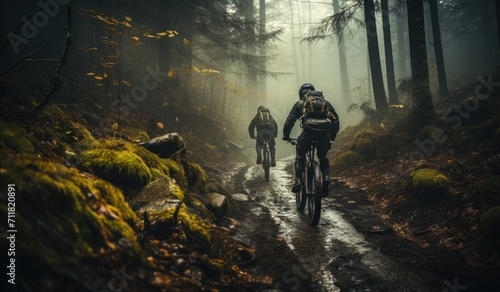 Amidst the thick fog of the forest, a group of adventurous souls pedal their bikes through the enchanting trail, their wheels spinning in perfect harmony with nature's rhythm