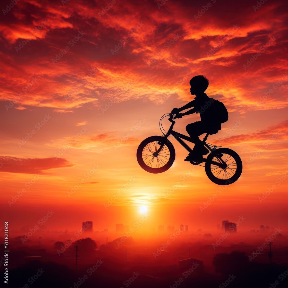 Silhouette of a little boy on a bicycle against the backdrop of the sunset.
