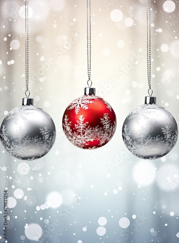 White round isolated Christmas ball with red satin bow. 